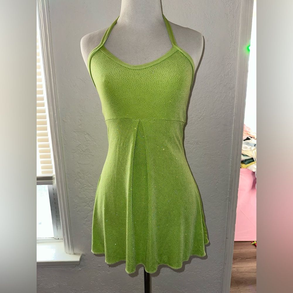 Vintage Y2K Lime Green Shimmer Micro Mini Dress Child L Fits XS/S